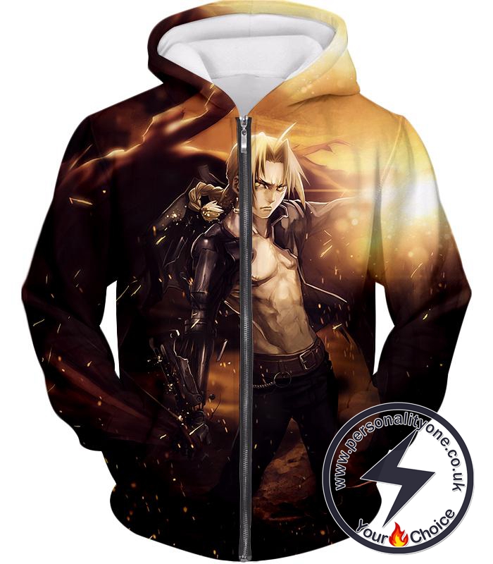 Fullmetal Alchemist Ultimate Anime Hero Edward Elrich Handsome Tall Pose Cool Graphic Zip Up Hoodie